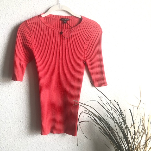 Ribbed salmon orange red 3/4 sleeve sweater blouse - Picture 1 of 7